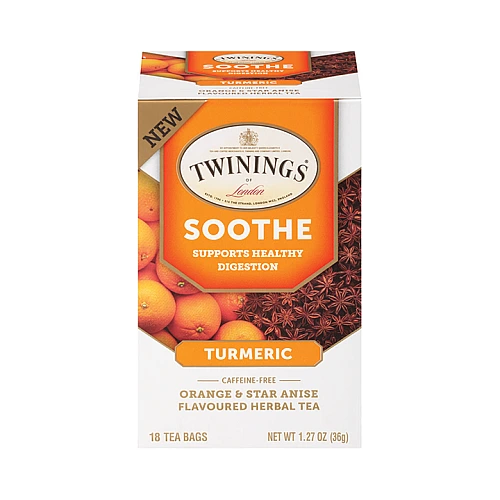 טווינינגס תה צמחי מרגיע כורכום תפוז ואניס Soothe ללא קפאין 18 שקיקי - מבית Twinings