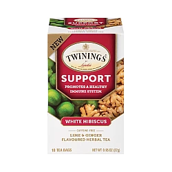 טווינינגס תה צמחי מרפה Support היביסקוס לבן ליים וג׳ינג׳ר ללא קפאין 18 שקיקי - מבית Twinings
