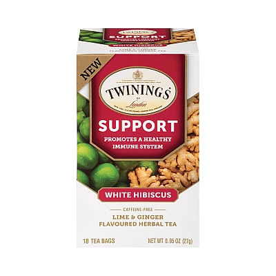 טווינינגס תה צמחי מרפה Support היביסקוס לבן ליים וג׳ינג׳ר ללא קפאין 18 שקיקי - מבית Twinings