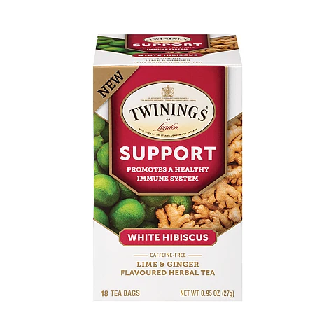 טווינינגס תה צמחי מרפה Support היביסקוס לבן ליים וג׳ינג׳ר ללא קפאין 18 שקיקי - מבית Twinings טווינינגס תה צמחי מרפה Support היביסקוס לבן ליים וג׳ינג׳ר ללא קפאין 18 שקיקי - מבית Twinings