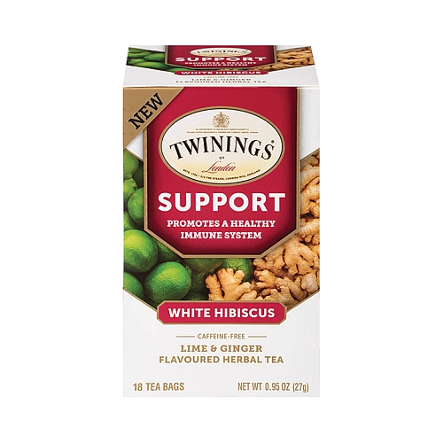טווינינגס תה צמחי מרפה Support היביסקוס לבן ליים וג׳ינג׳ר ללא קפאין 18 שקיקי - מבית Twinings