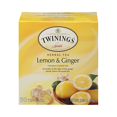 טווינינגס תה צמחים לימון וג׳ינג׳ר נטול קפאין 50 שקיקי - מבית Twinings