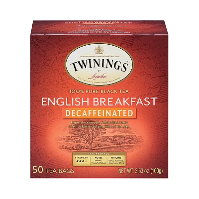 תה טווינינגס אינגליש ברקפסט נטול קפאין English Breakfast בשקיות 50 יחידות - מבית Twinings