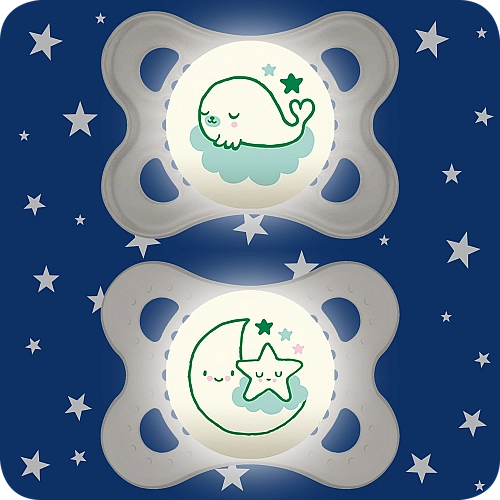 מאמ לילה מוצצי סיליקון זוהרים בחושך 0-6 לבן - 2 יחידות - מבית MAM