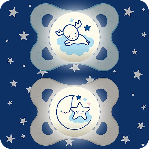 מאמ לילה מוצצי סיליקון זוהרים בחושך 0-6 תכלת - 2 יחידות - מבית MAM