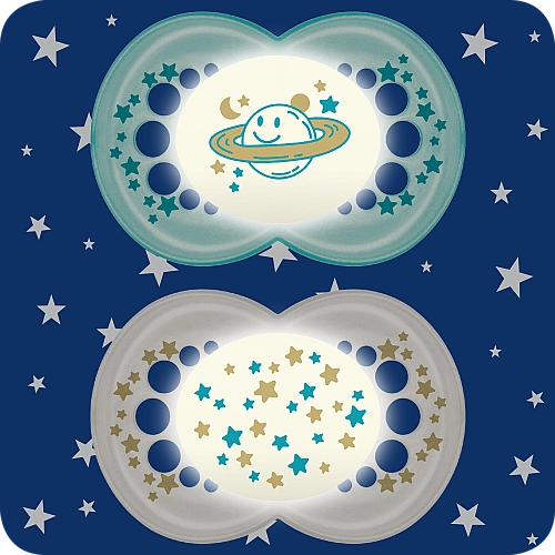 מאמ לילה מוצצי סיליקון זוהרים בחושך 6+ ירוק - 2 יחידות - מבית MAM