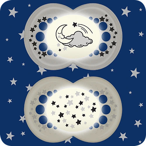 מאמ לילה מוצצי סיליקון זוהרים בחושך 6+ לבן - 2 יחידות - מבית MAM