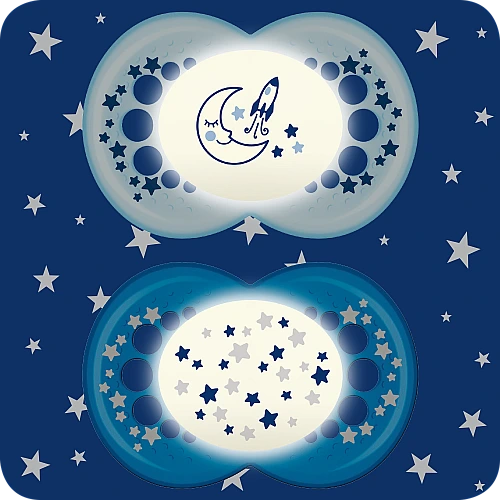 מאמ לילה מוצצי סיליקון זוהרים בחושך 6+ תכלת - 2 יחידות - מבית MAM