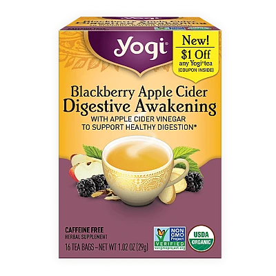 יוגי תה התעוררות עיכול סיידר תפוחים אוכמניות ללא קפאין 16 שקיקים - מבית Yogi Tea