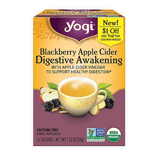יוגי תה התעוררות עיכול סיידר תפוחים אוכמניות ללא קפאין 16 שקיקים - מבית Yogi Tea