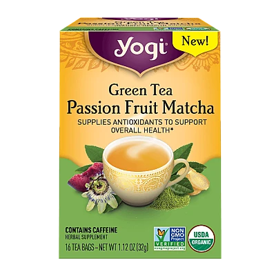 יוגי תה ירוק פסיפלורה מאצ'ה מכיל קפאין 16 שקיקים - מבית Yogi Tea