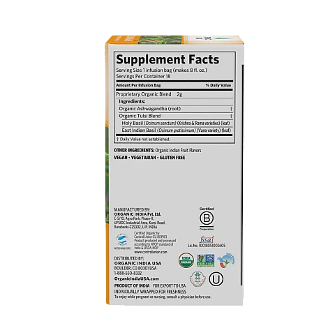 אורגניק אינדיה תה טולסי אשוואגנדה נטול קפאין 18 שקיקים חליטה - מבית Organic India אורגניק אינדיה תה טולסי אשוואגנדה נטול קפאין 18 שקיקים חליטה - מבית Organic India