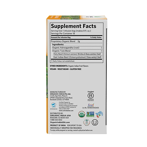 אורגניק אינדיה תה טולסי אשוואגנדה נטול קפאין 18 שקיקים חליטה - מבית Organic India