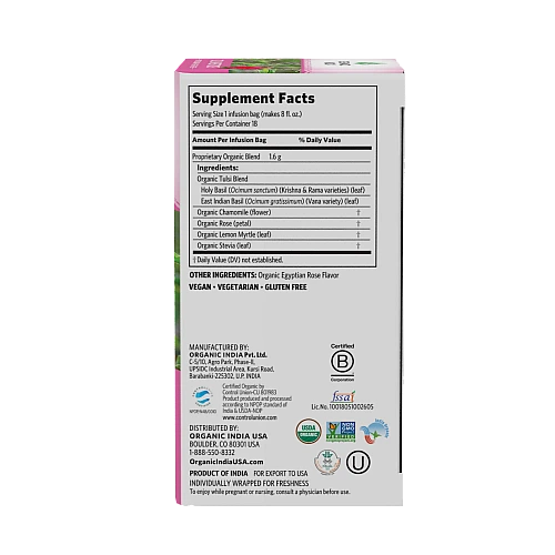 אורגניק אינדיה תה טולסי ורד מתוק ללא קפאין 18 שקיקים חליטה - מבית Organic India