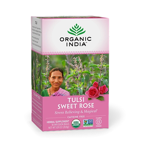 אורגניק אינדיה תה טולסי ורד מתוק ללא קפאין 18 שקיקים חליטה - מבית Organic India