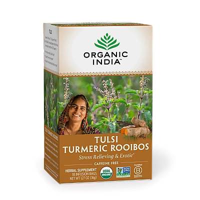 אורגניק אינדיה תה טולסי כורכום רואיבוס נטול קפאין 18 שקיקים חליטה - מבית Organic India