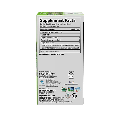 אורגניק אינדיה תה טולסי מורינגה נטול קפאין 18 שקיקים חליטה - מבית Organic India