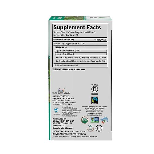 אורגניק אינדיה תה טולסי נענע חריפה נטול קפאין 18 שקיקים חליטה - מבית Organic India