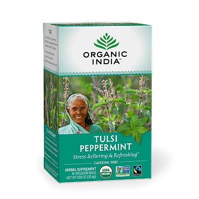 אורגניק אינדיה תה טולסי נענע חריפה נטול קפאין 18 שקיקים חליטה - מבית Organic India