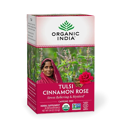 אורגניק אינדיה תה טולסי קינמון ורד (רוז) נטול קפאין 18 שקיקים חליטה - מבית Organic India