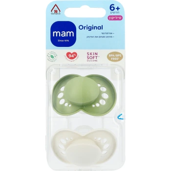 מאמ זוג מוצצי אוריג׳ינל מאט מסיליקון ירוק ולבן מגיל 6 חודשים